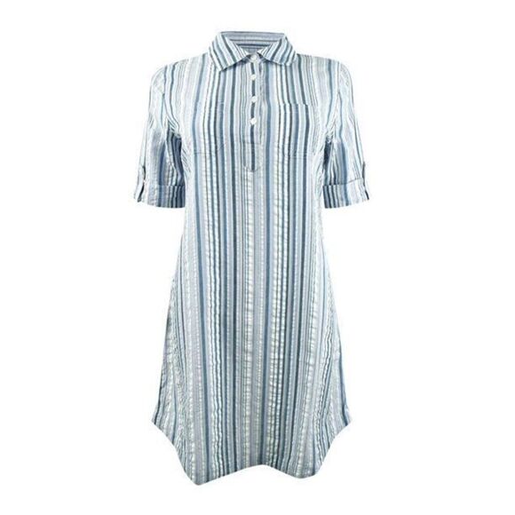 Karen Scott Petite Seersucker Shirtdress Persian Blue Combo XXL - Picture 2 of 3
